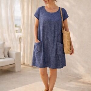 Studio One New York Blue Shift Tunic Dress Short Sleeve Pockets Size 8
